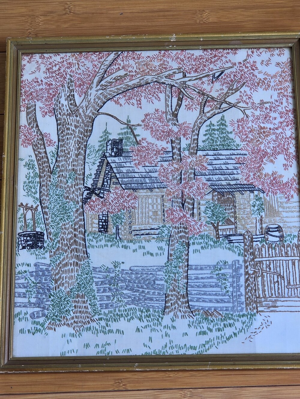 Vintage 1970s Crewel Embroidery Needlepoint Cottage Artwork Framed Under Glass